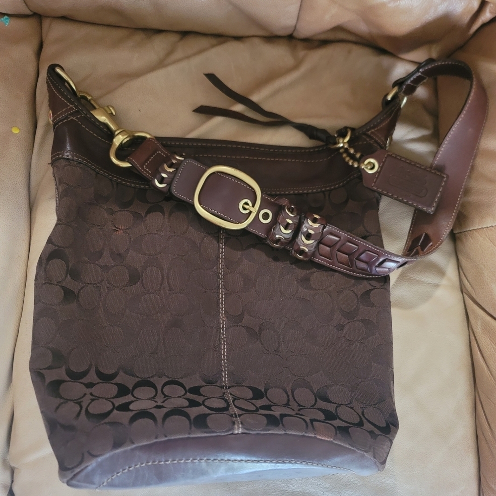 Coach Brown Quilted Shoulder Bag with Metallic Accents